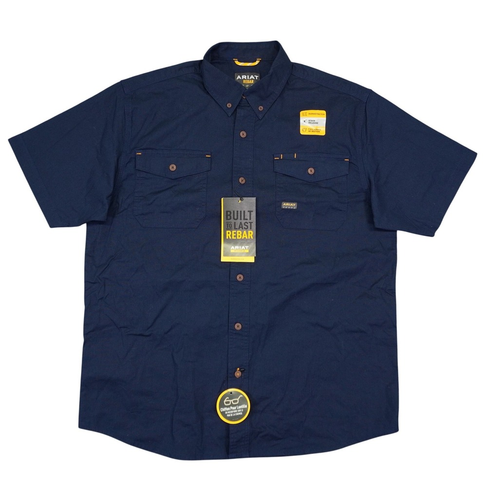 Ariat Rebar Work Shirt Mens M Navy Blue DuraStretch Short Sleeve Button Down